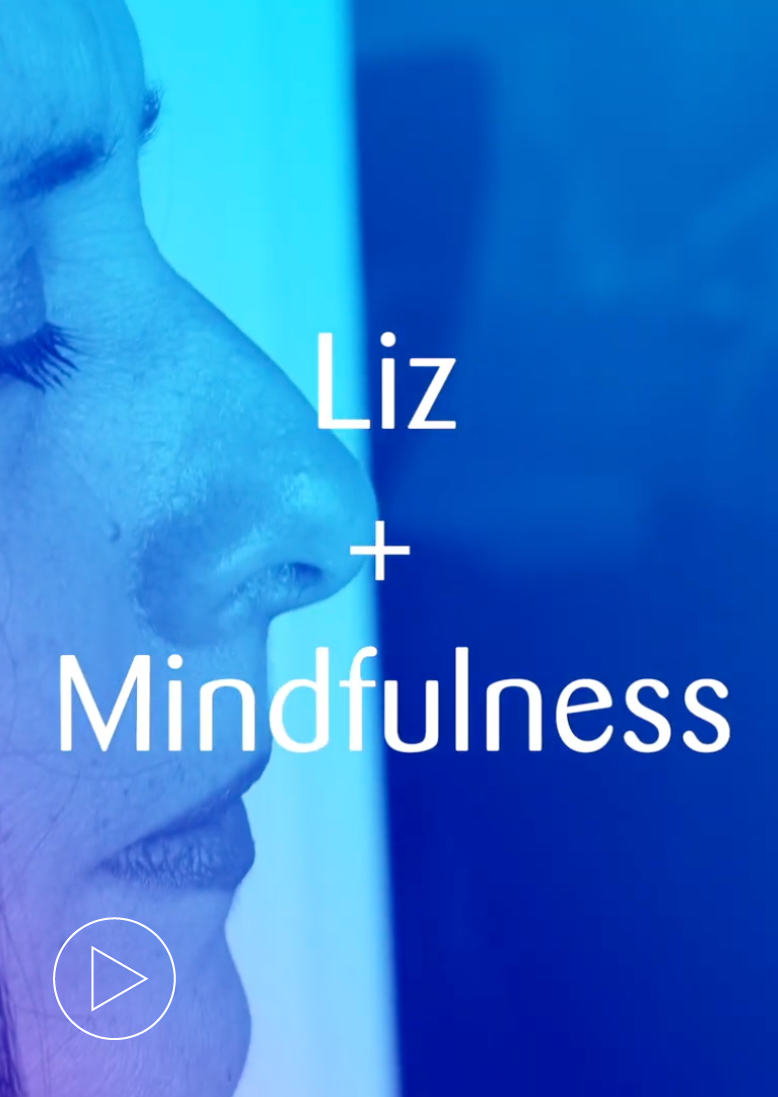 A woman's profile face with the closed eyes overlapped by a blue gradient shade and a caption saying Liz + Mindfulness