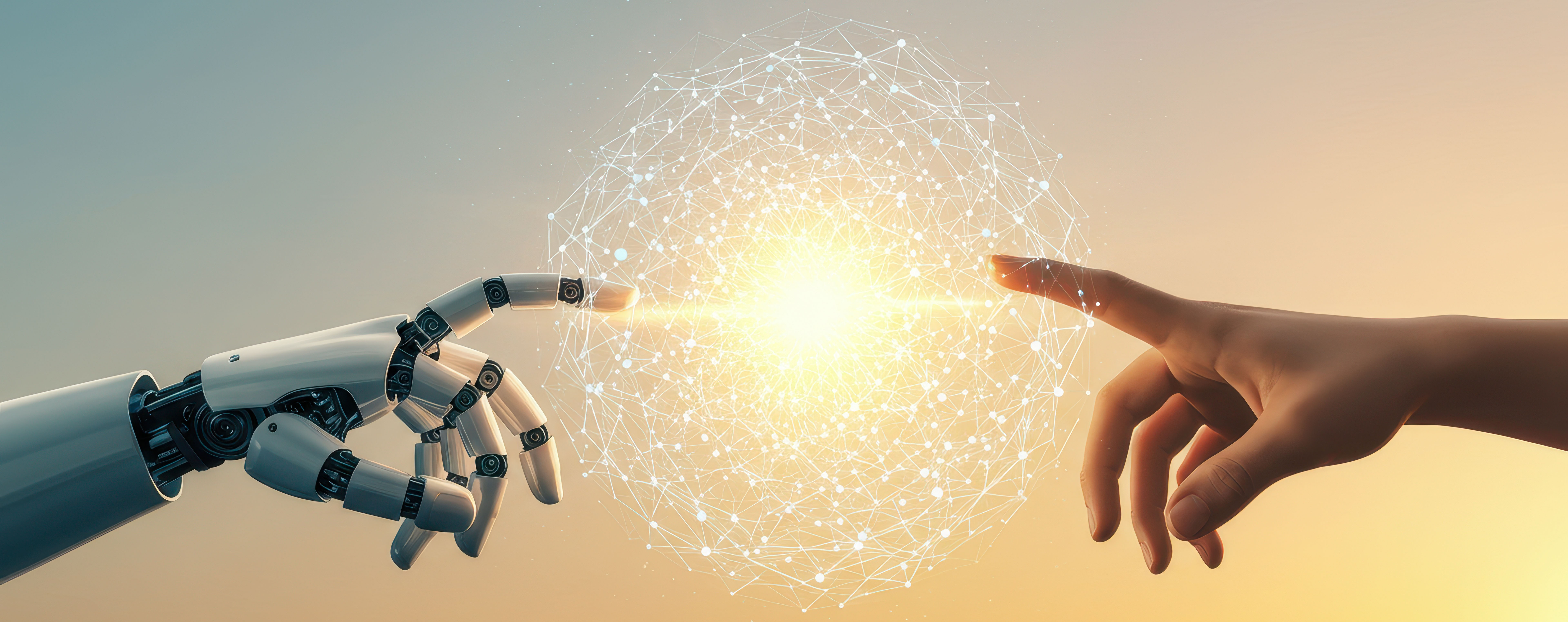 Human and robot hands touching a digital sphere