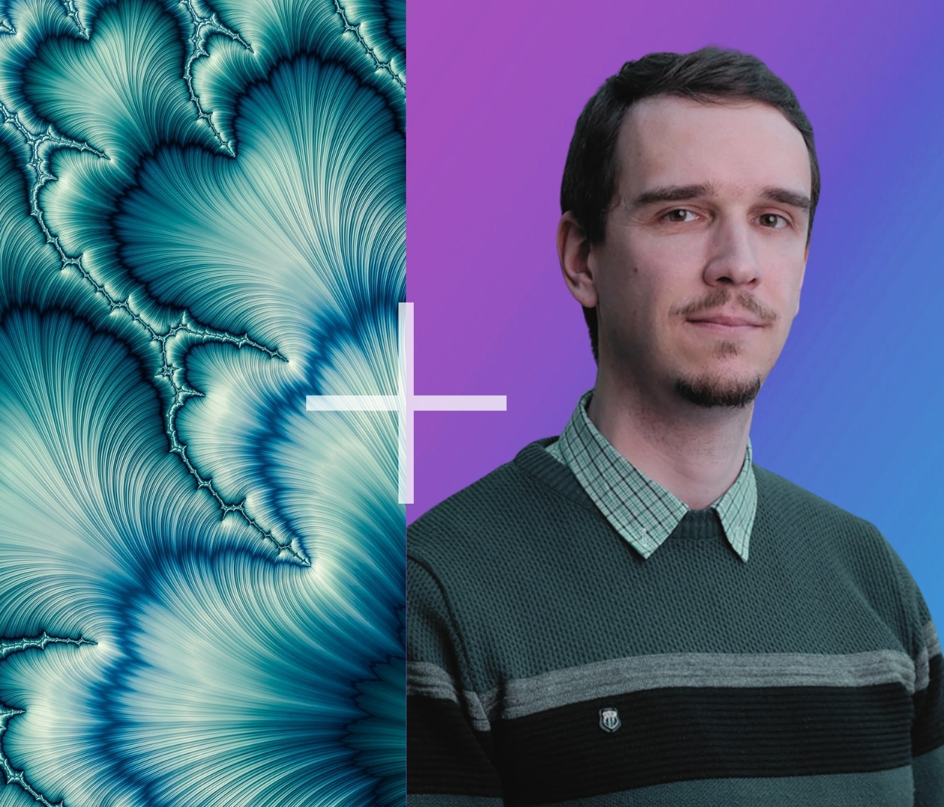 A person standing next to a picture of a blue and purple background