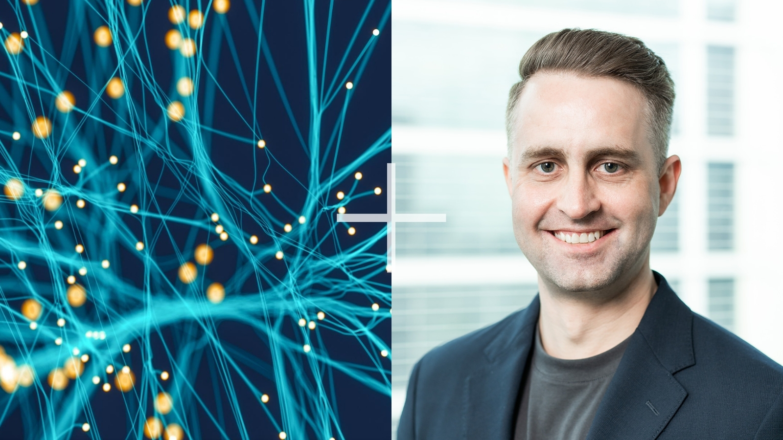 Portrait of Andreas Müller with an abstract network graphic symbolizing learning, collaboration, and continuous growth.
