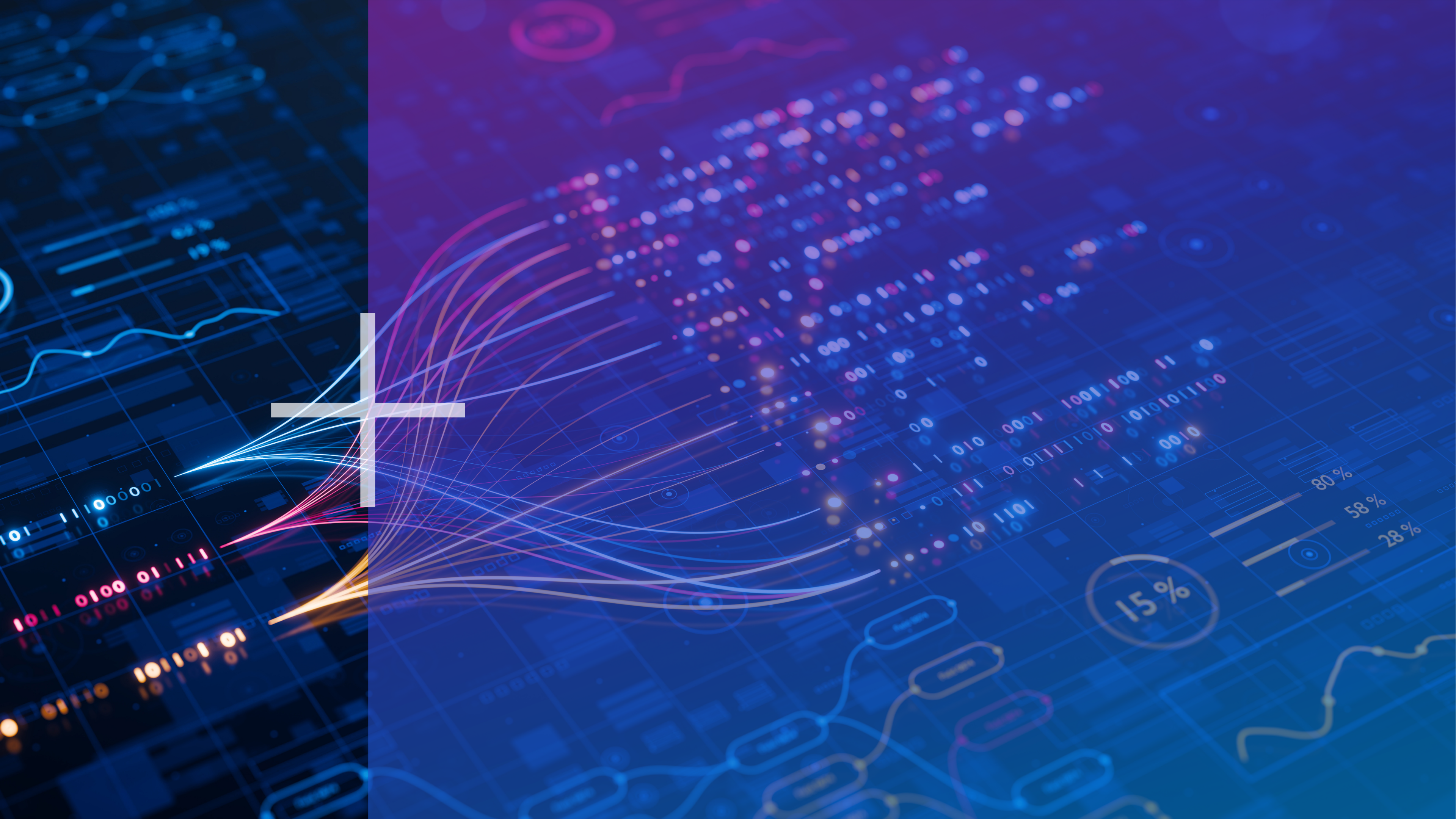 Abstract blue tech background with flowing data lines and a white plus symbol.