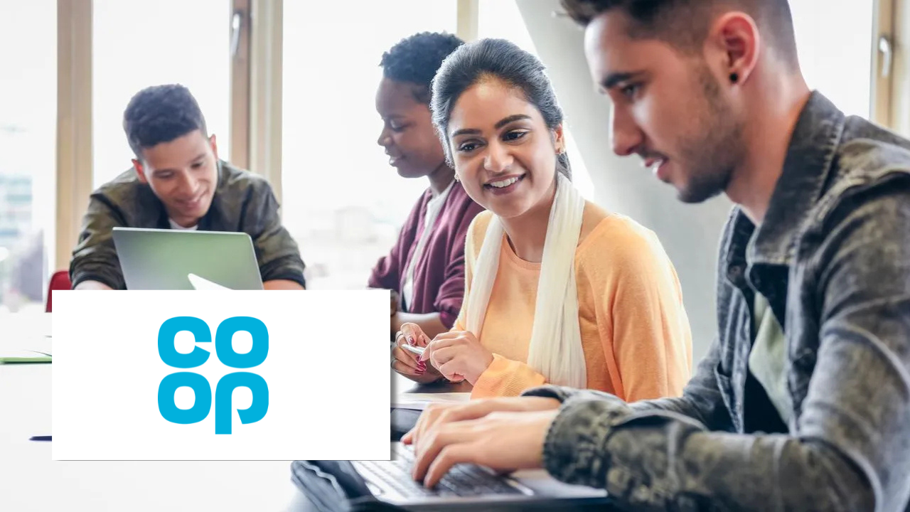 Group of young colleagues collaborating around a laptop in a bright office setting, next to the Co-op logo.