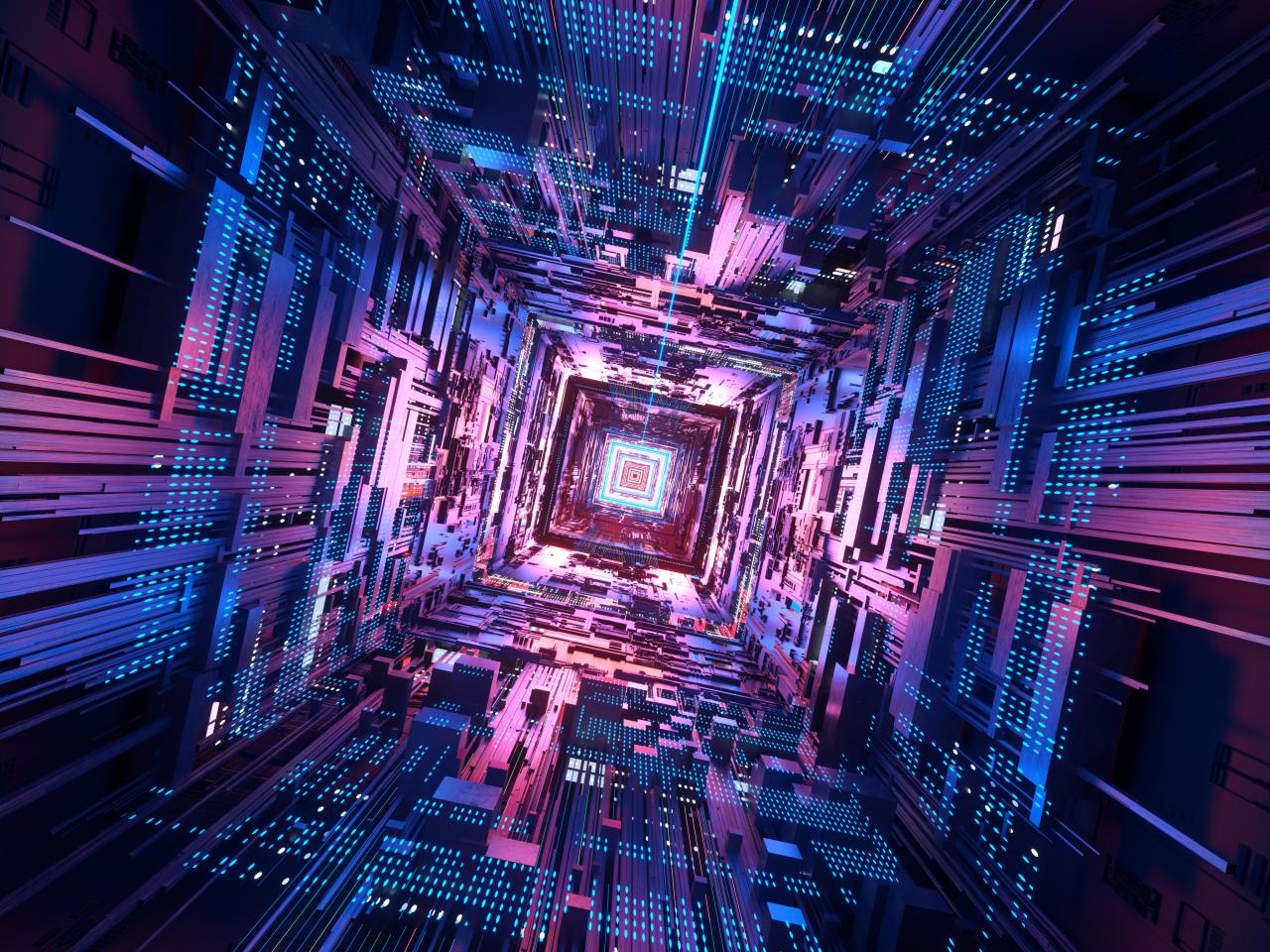 Abstract 3D visualization of a data tunnel with layered geometric structures and glowing blue and pink light patterns receding into the distance.