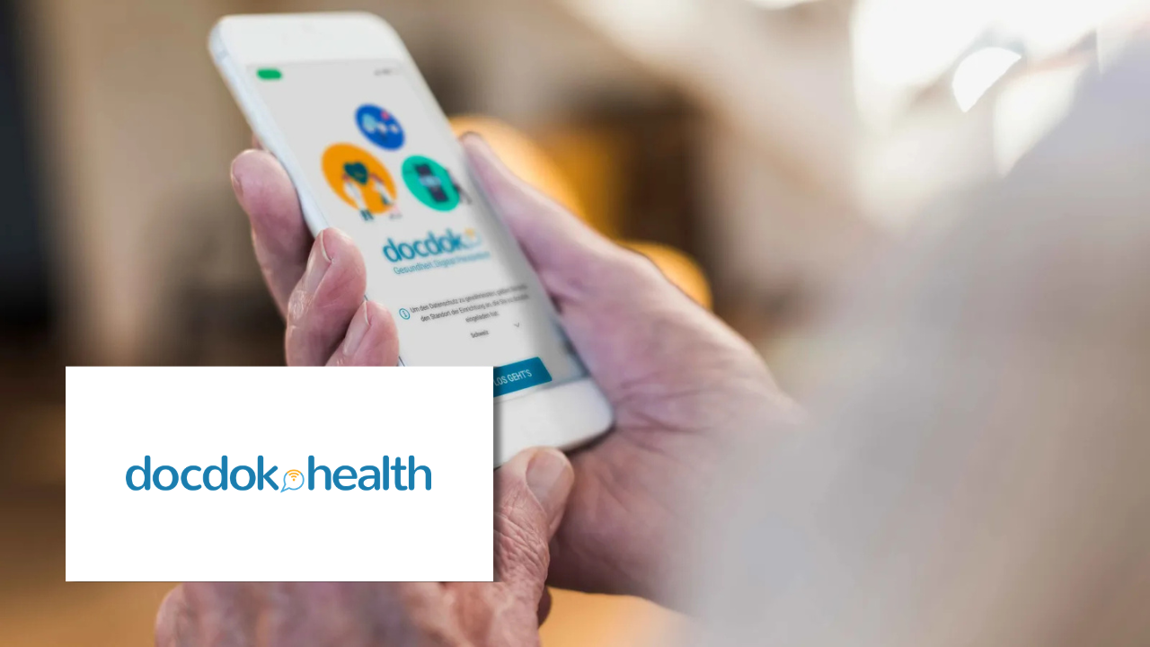 Hands holding a smartphone displaying the docdok health app interface with health-related icons, next to the docdok health logo.