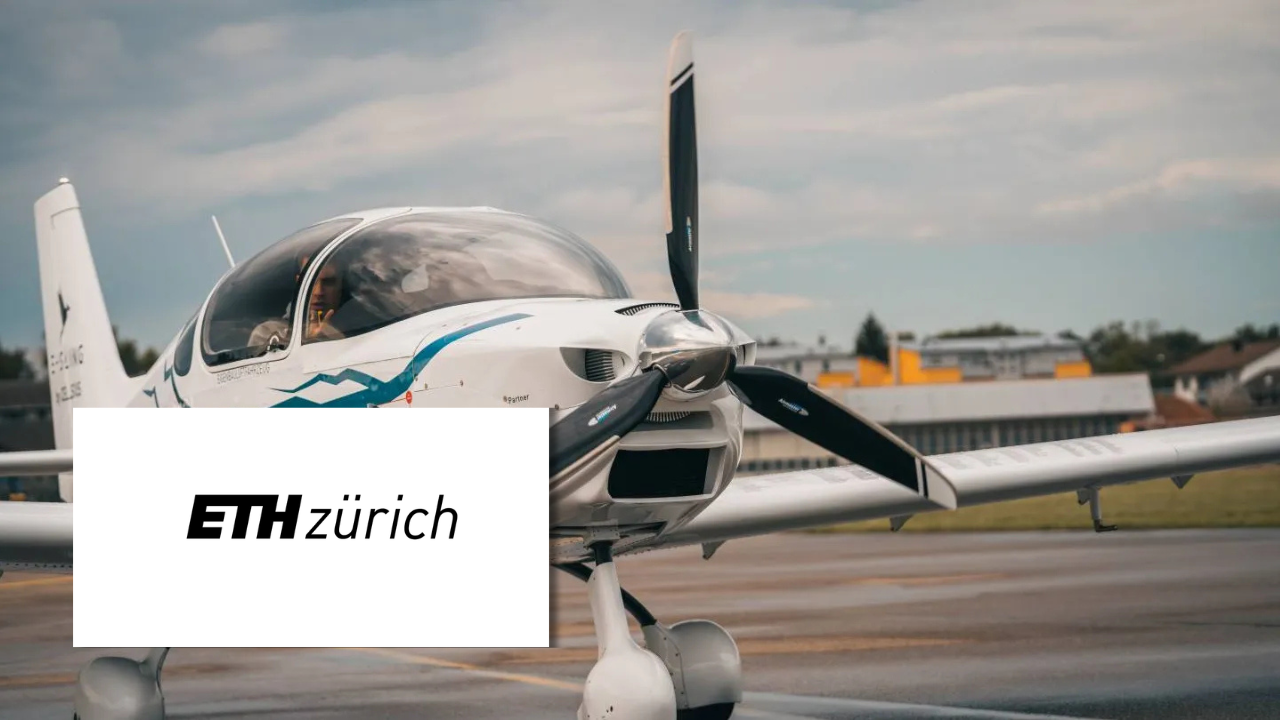 A small propeller aircraft on a runway with a pilot visible in the cockpit, next to the ETH Zürich logo.