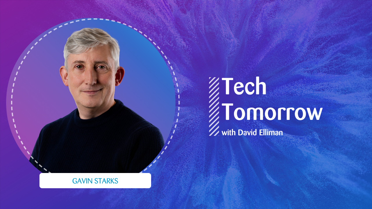 Podcast banner for Tech Tomorrow with David Elliman featuring guest Gavin Starks. The image shows Gavin Starks smiling against a purple and blue gradient background, with the podcast title text displayed on the right. Technology and innovation podcast by Zühlke.
