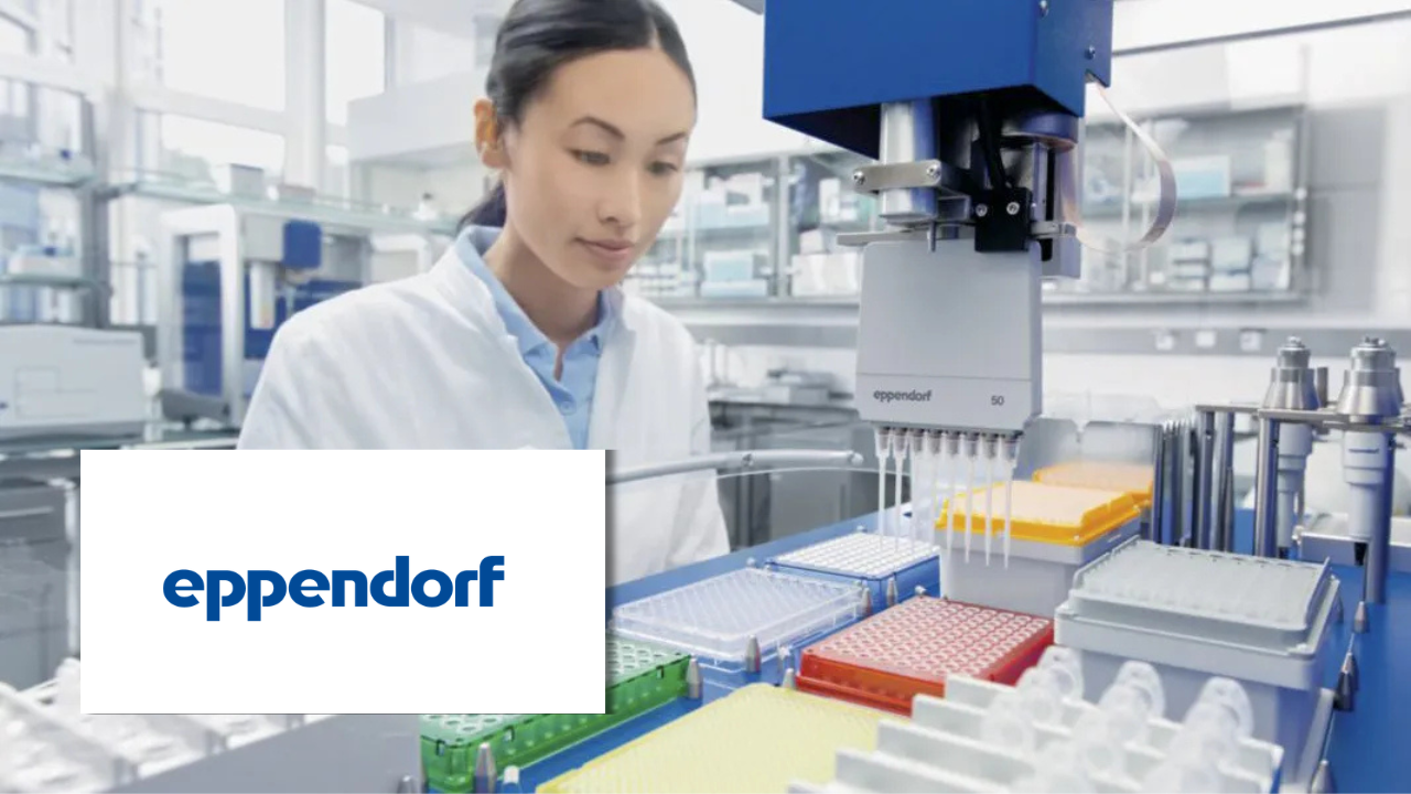 A lab technician in a white coat observing an automated pipetting system dispensing liquid into multiwell plates, next to the Eppendorf logo.