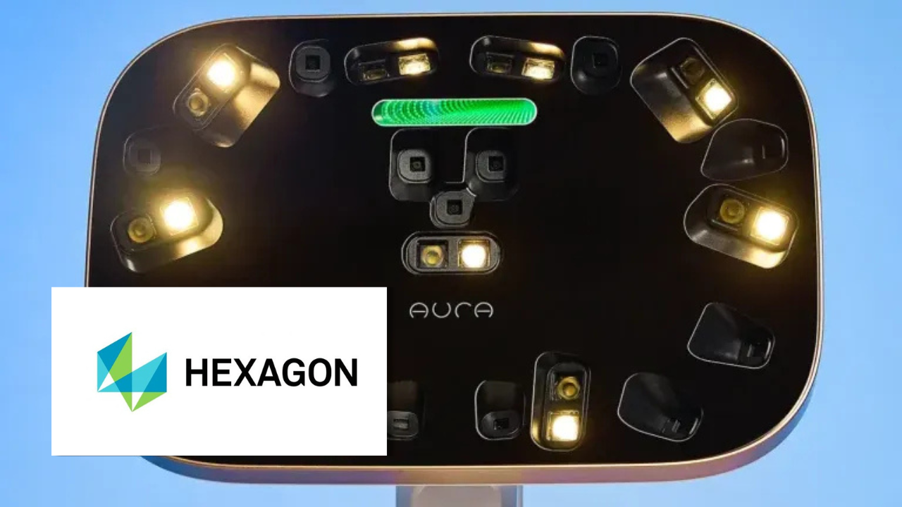 Close-up of the Hexagon Aura sensor unit, showing its array of cameras, lights, and a green LED indicator strip, with the Hexagon logo overlaid.