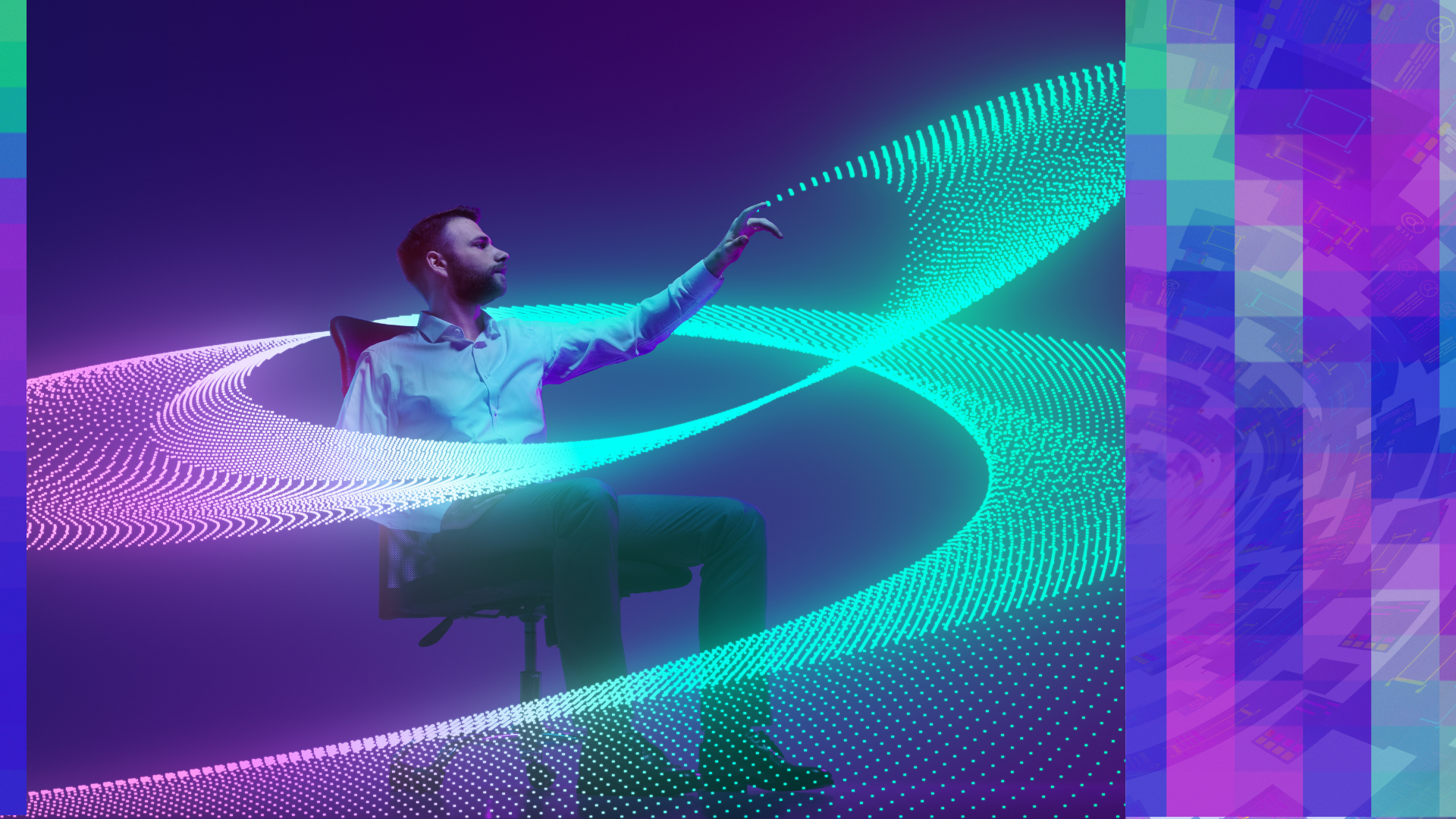 A business professional interacts with dynamic, glowing digital waves symbolising artificial intelligence and human–machine collaboration. The futuristic blue and purple tones represent innovation, transformation, and data-driven decision-making within modern enterprises.
