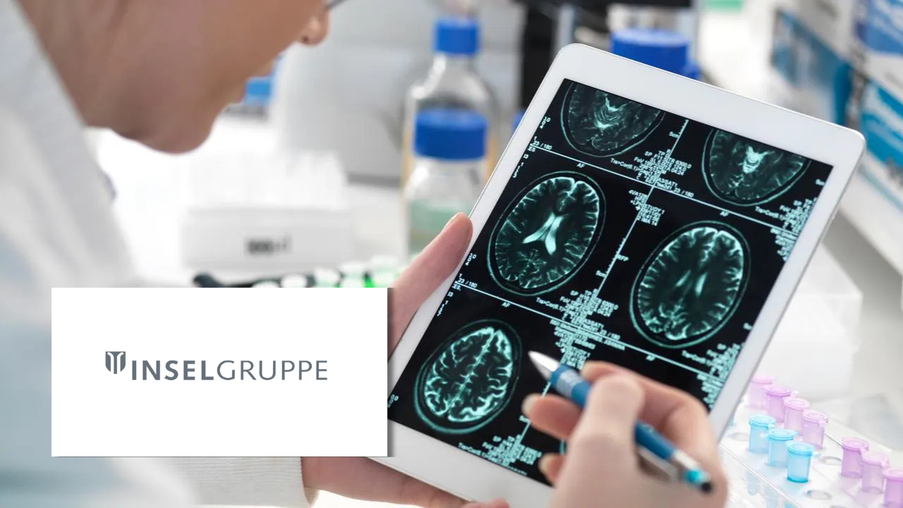 A clinician reviewing brain MRI scans on a tablet in a lab setting, with sample vials visible nearby, next to the Inselgruppe logo.