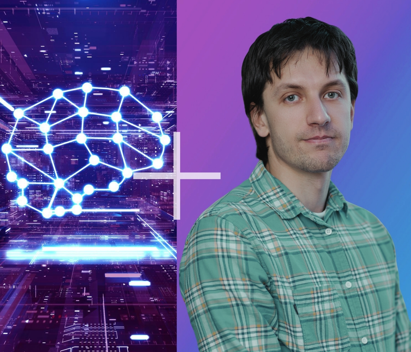 A person standing next to a picture of a blue and purple background