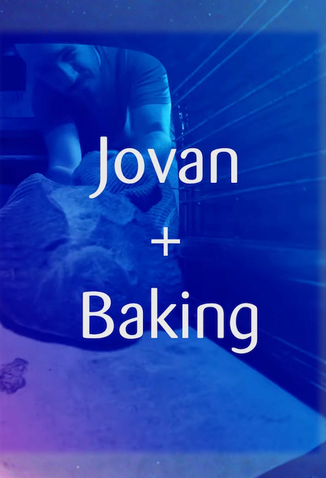 An oven point of view with the bread being pulled out by someone, overlapped by a blue gradiend and a white caption saying Jovan + Baking