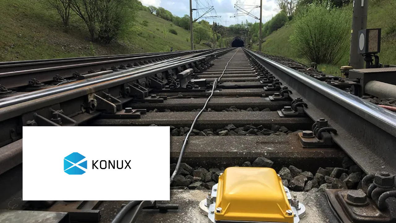 Railway tracks with a yellow sensor device mounted on the rail, leading toward a tunnel through green hills, next to the Konux logo.