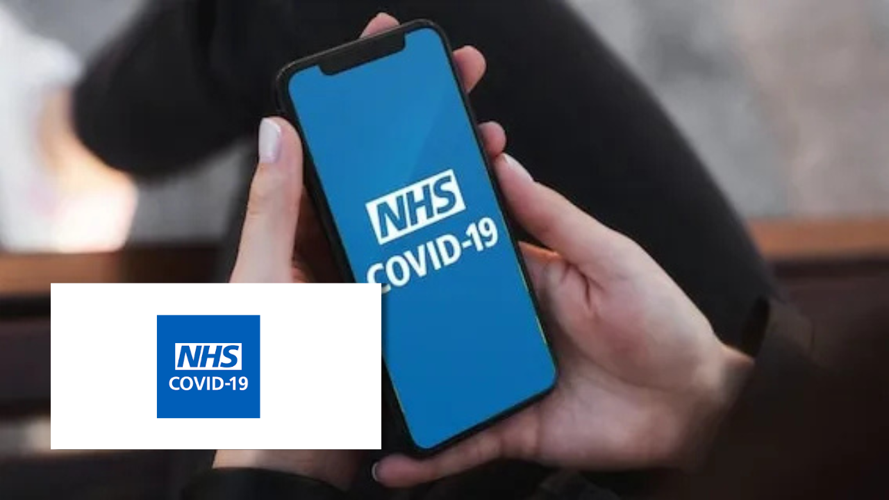 Hands holding a smartphone displaying the NHS COVID-19 app opening screen, next to the NHS COVID-19 logo.