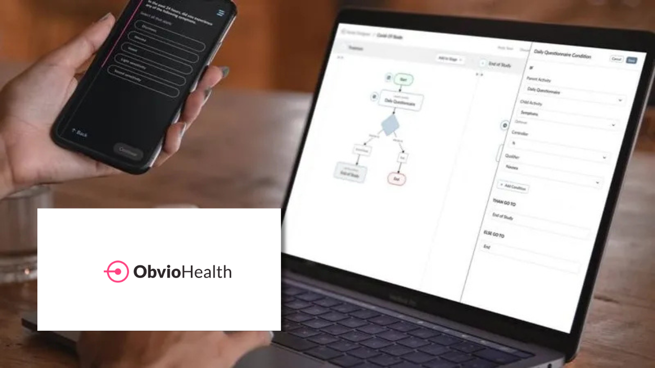 A hand holding a smartphone with a symptom questionnaire, next to a laptop displaying a study workflow builder interface, next to the ObvioHealth logo.