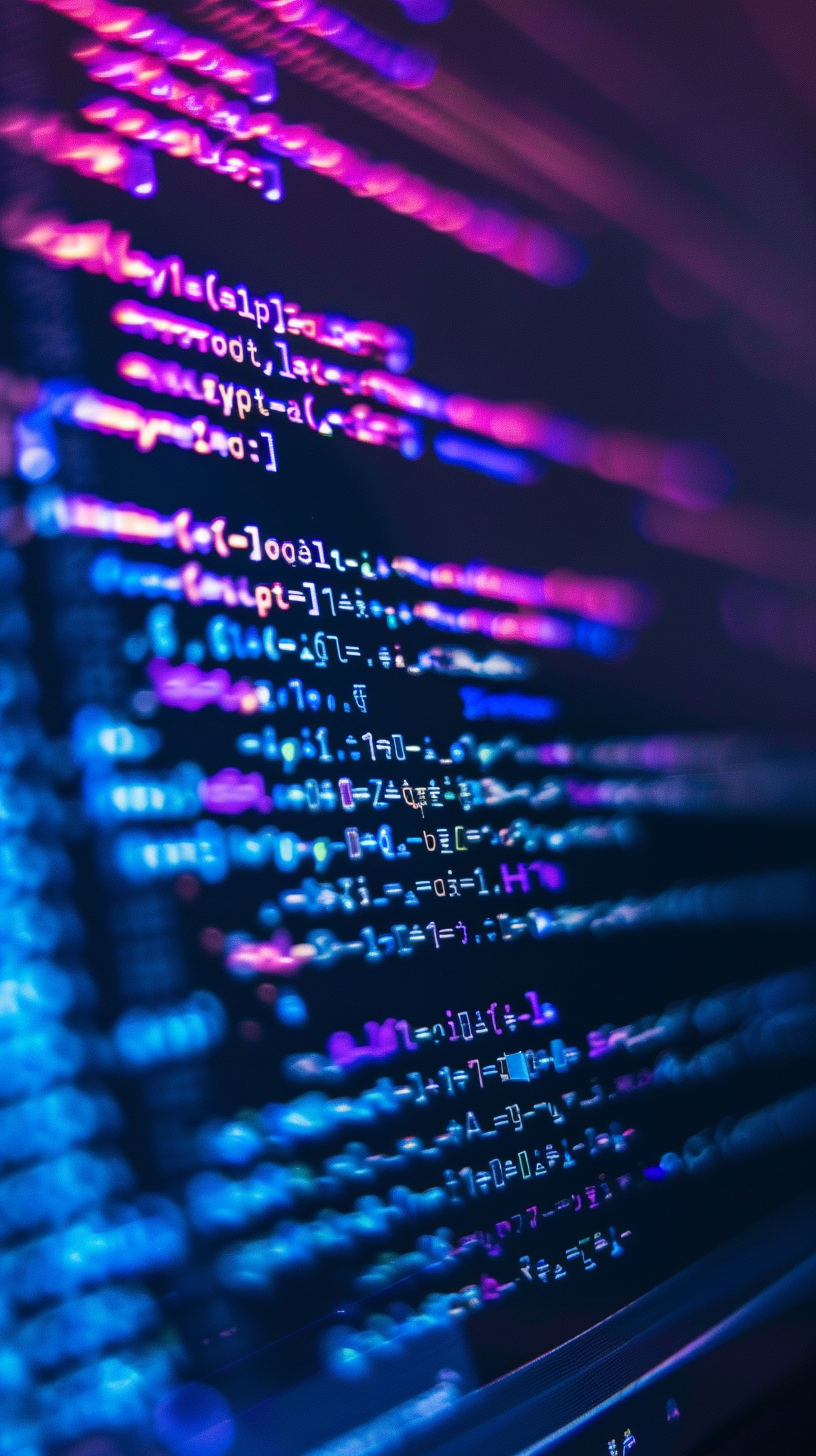 Abstract close-up of glowing blue and purple code on a screen, representing software development, data and digital technology.