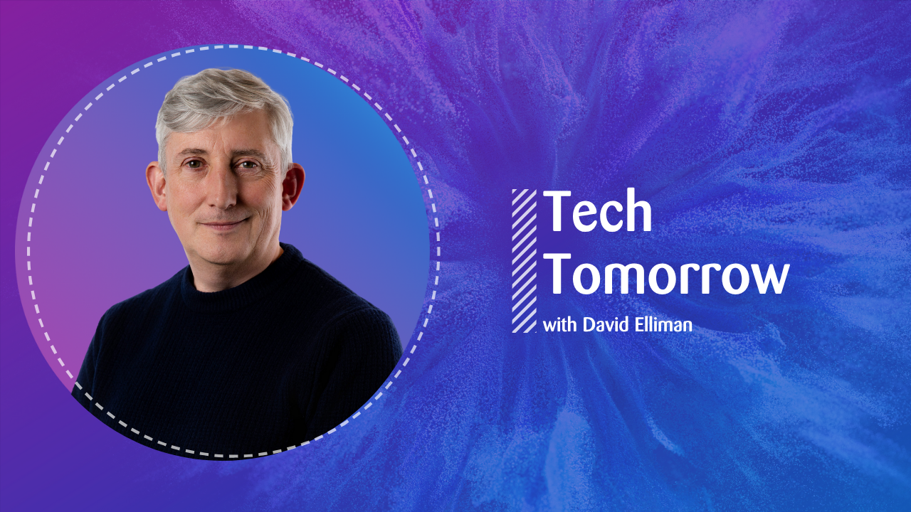 Promotional graphic for the podcast Tech Tomorrow with David Elliman. The image features a portrait of David Elliman, a man with short grey hair wearing a dark jumper, on the left side within a dashed circular frame. The background is a gradient of purple and blue with abstract wave-like textures. The podcast title 'Tech Tomorrow' and subtitle 'with David Elliman' are displayed on the right in white text.
