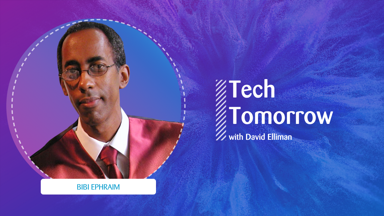 A promotional graphic for the podcast “Tech Tomorrow with David Elliman.” On the left, there’s a portrait of a man wearing glasses and a maroon academic-style gown with a white shirt and matching tie. A label below the image reads “Bibi Ephraim.” The background features a dynamic blue and purple gradient design with abstract wave-like patterns.