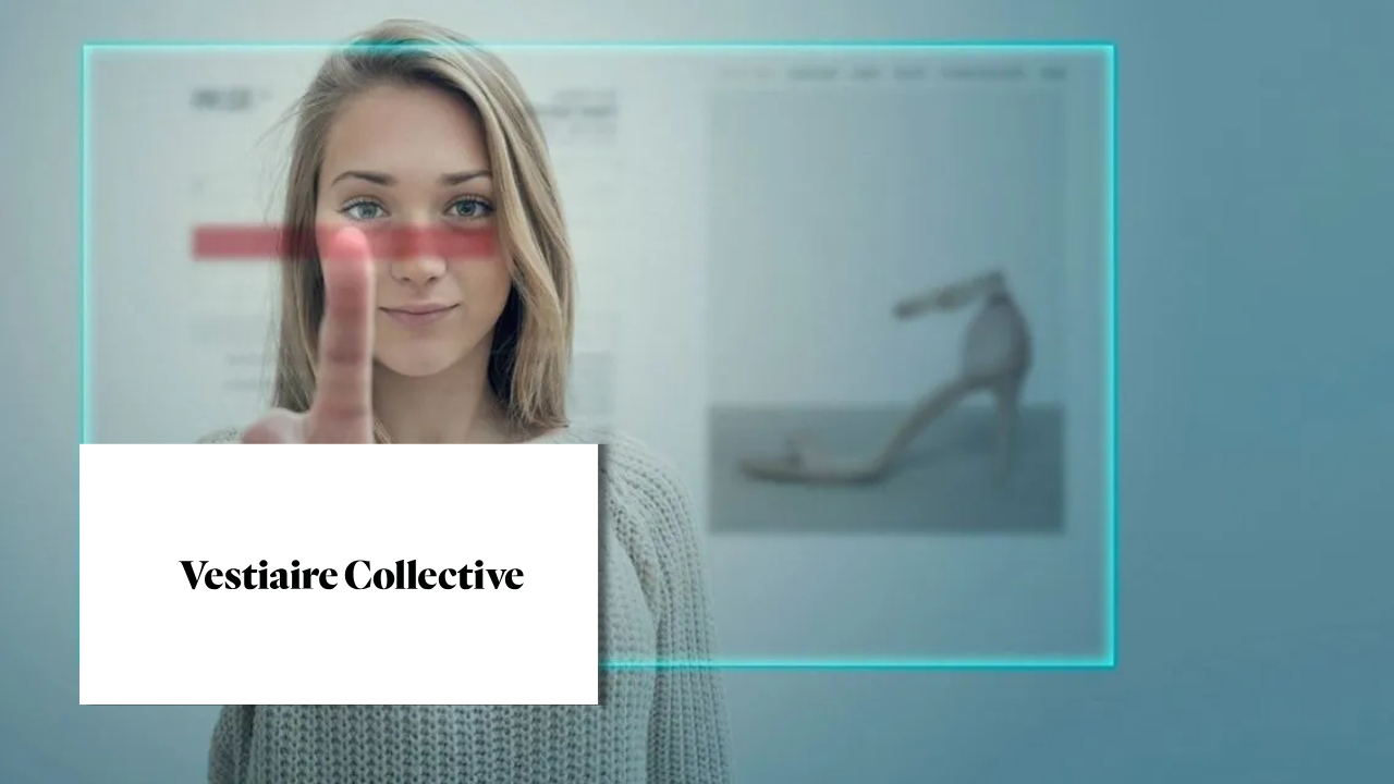 Woman gesturing toward the camera with a translucent digital overlay showing a shoe listing and website interface, next to the Vestiaire Collective logo.