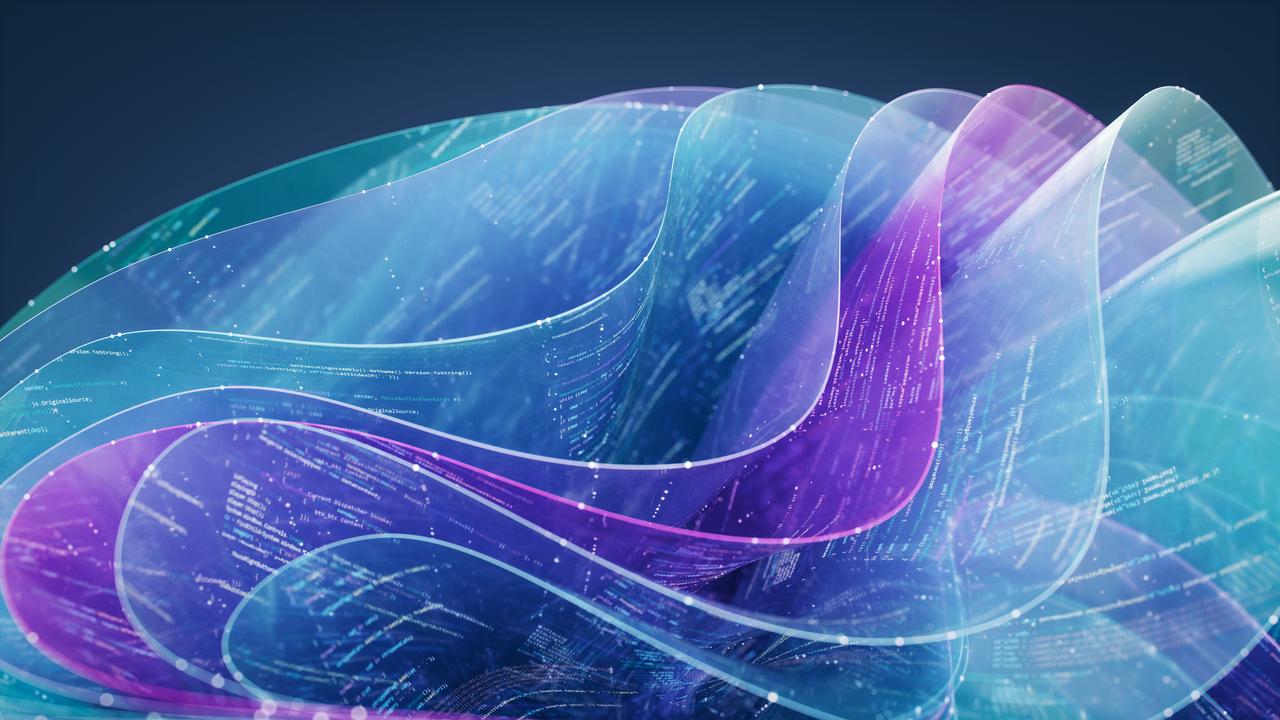 Abstract digital illustration of flowing, translucent ribbon-like waves in blue, teal, and purple, overlaid with faint lines of code and small glowing points, suggesting agentic AI enteprise.