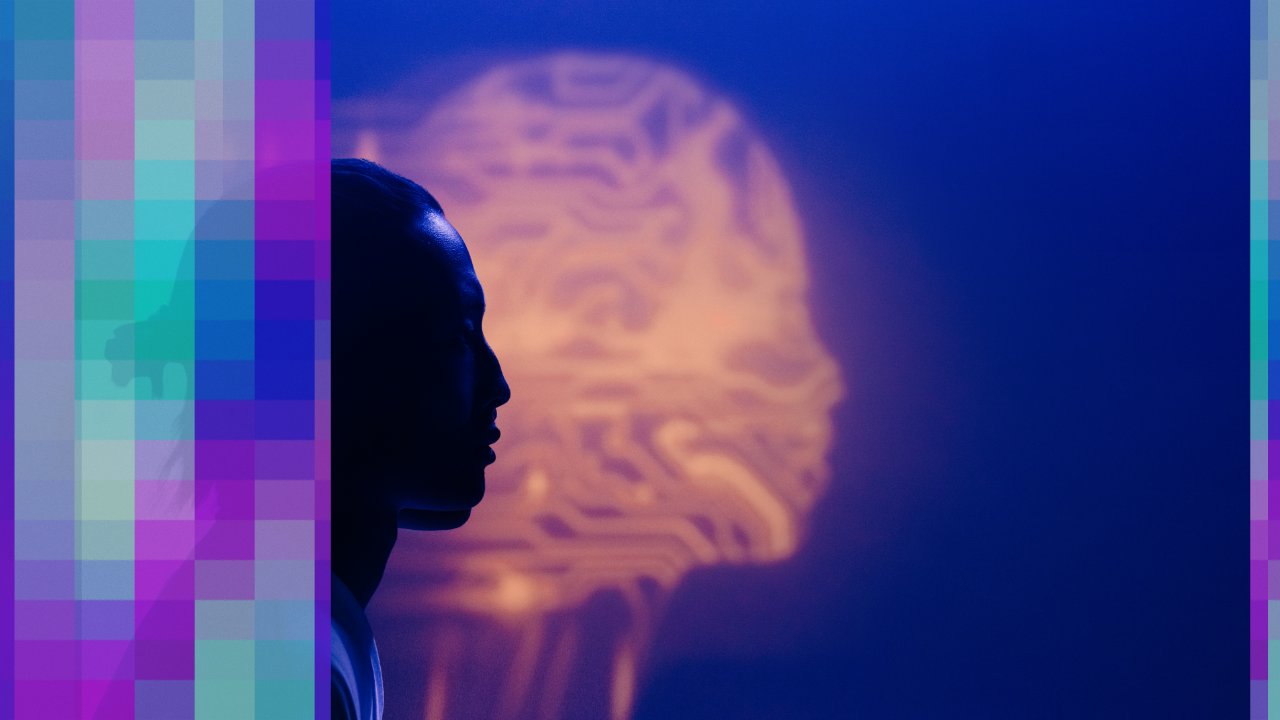 Profile silhouette of a person facing a glowing digital brain, representing human interaction with artificial intelligence.