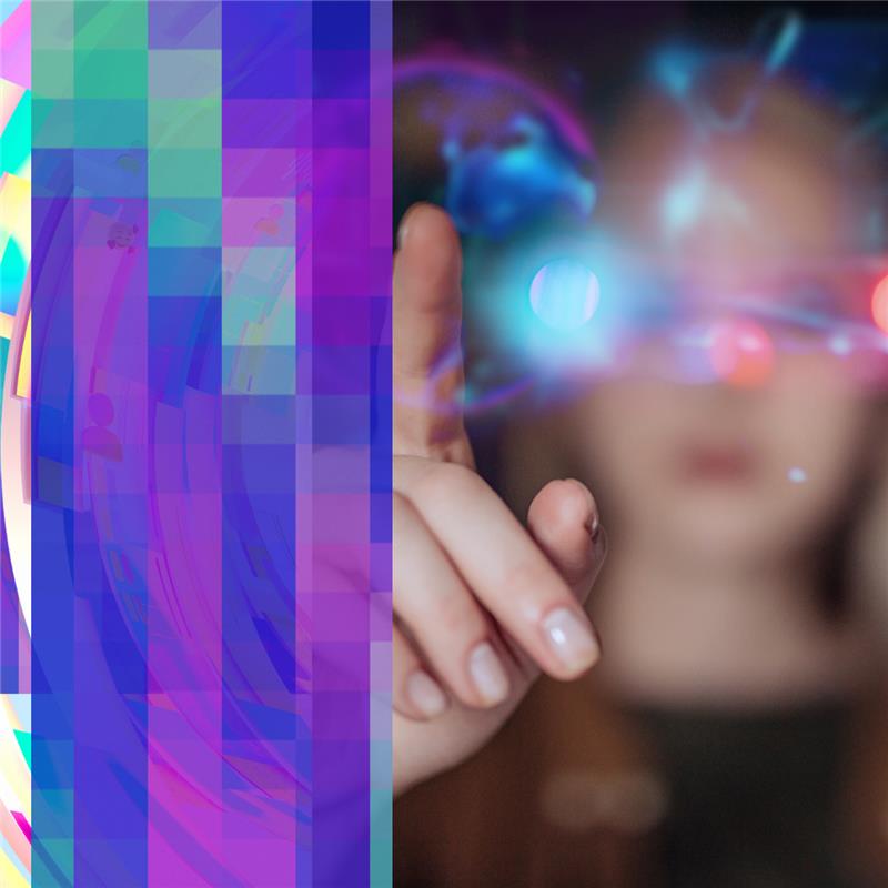 Close-up of a person reaching towards a glowing holographic interface, illustrating the benefits of becoming a Cybernetic Enterprise through smarter, connected decision-making.