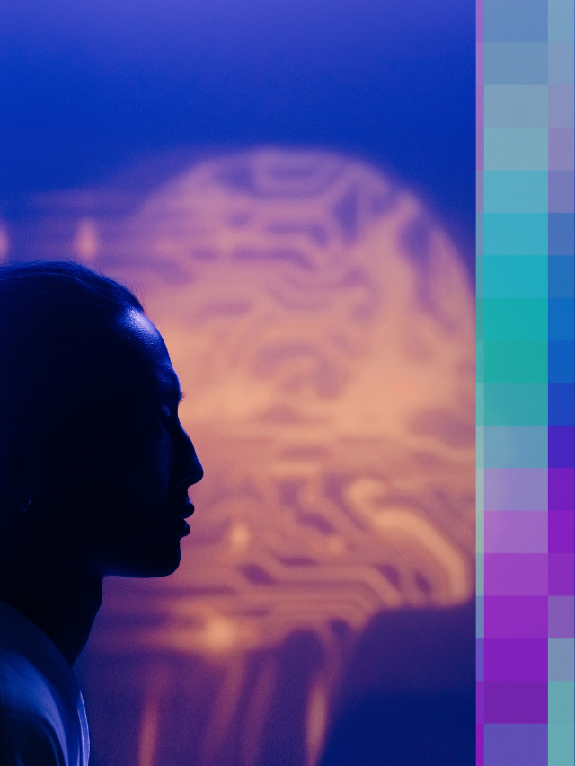 Profile silhouette of a person facing a glowing digital brain, representing human interaction with artificial intelligence.