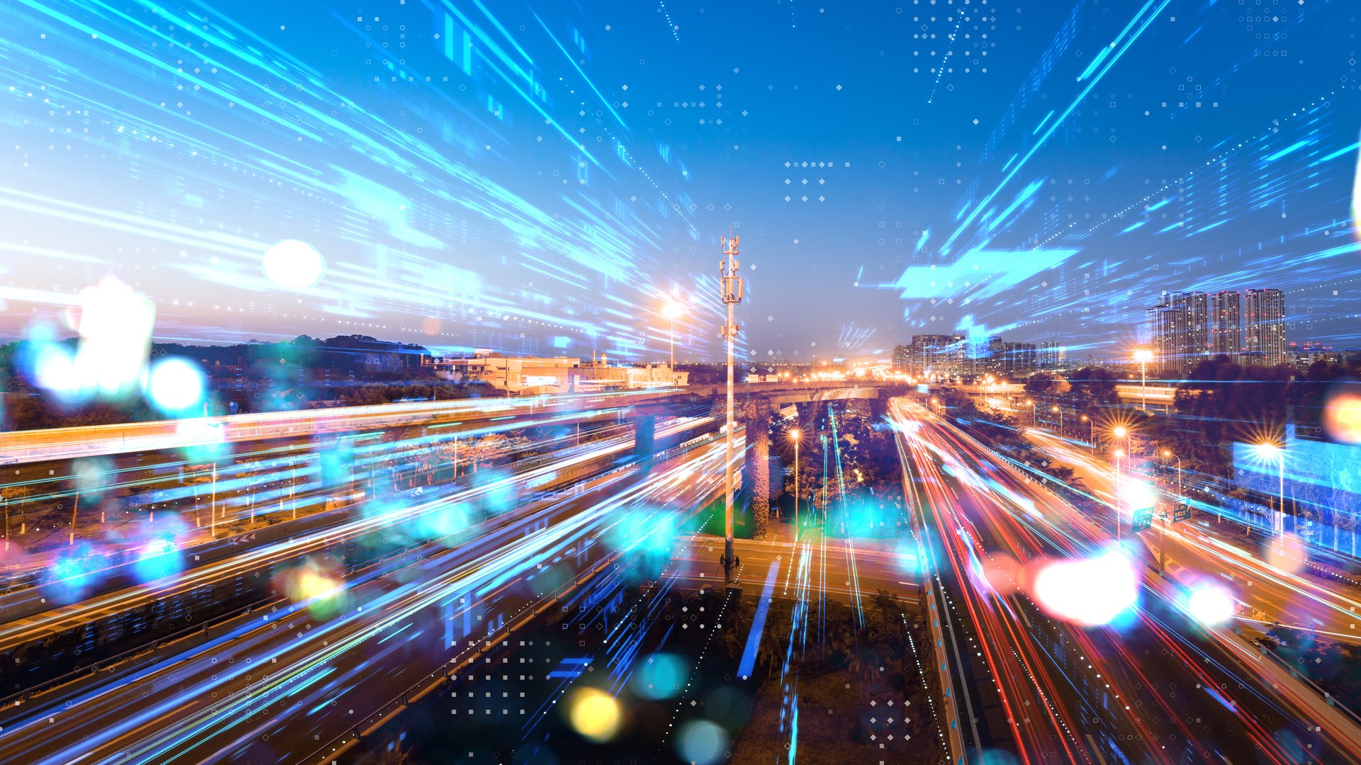 city landscape layered with computer networking concepts