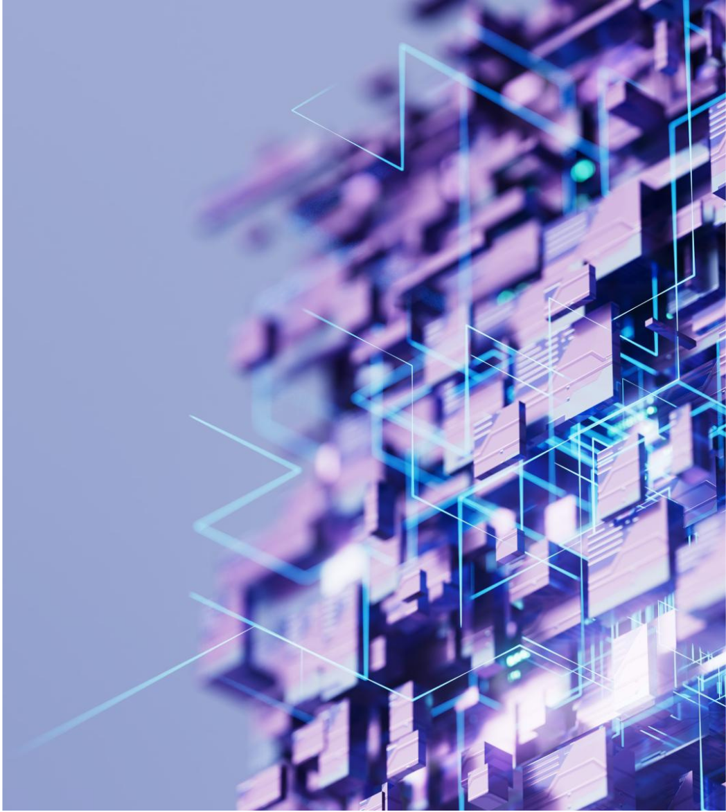 Abstract 3D digital structure with glowing blue lines and purple geometric shapes, representing artificial intelligence, data networks and emerging technology.