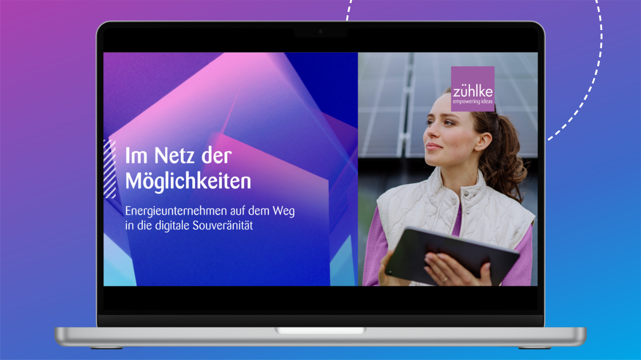 Laptop mockup displaying the cover of a Zühlke whitepaper, alongside a person holding a tablet.